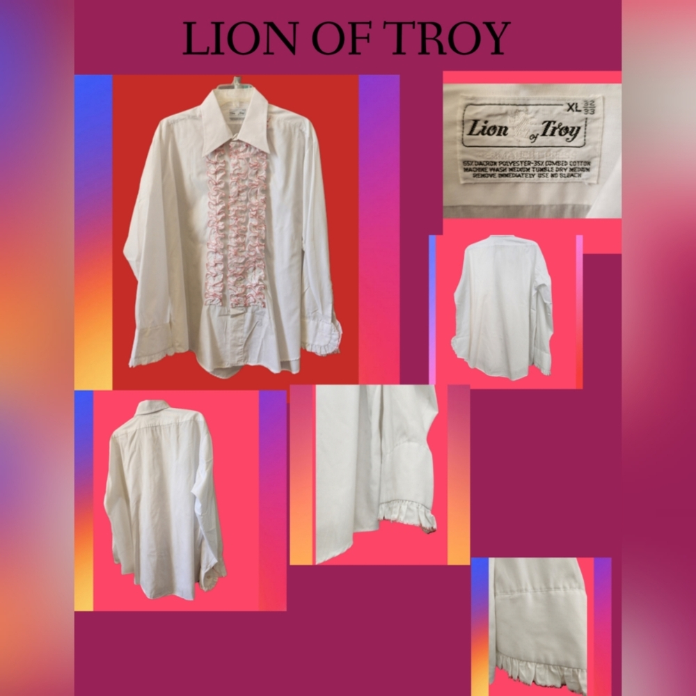 VINTAGE LION OF TROY WHITE WITH PINK RUFFLES TUXEDO SHIRT